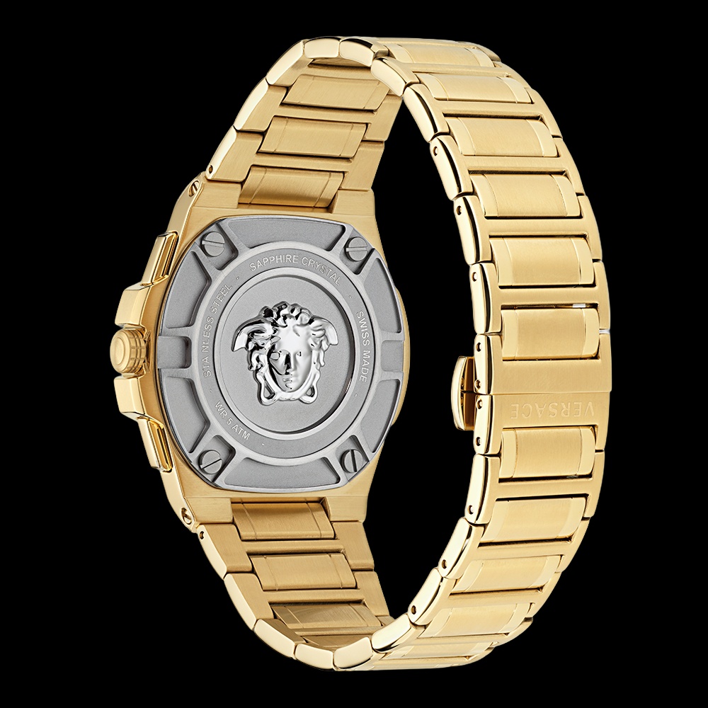 Engraved stainless steel caseback with the Medusa emblem